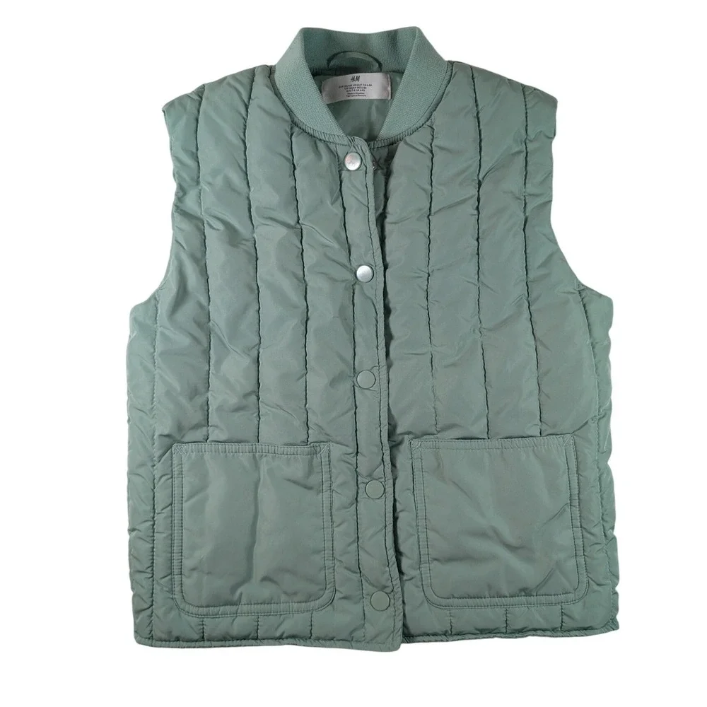 H&M Quilted Puffer Vest Kids 6X/7 Sage Green Snap Button Pockets Padded Layer